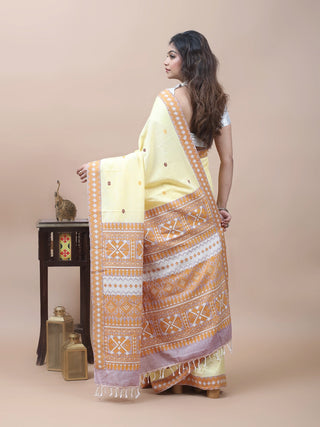 Handwoven Butter Yellow Assam Cotton Saree with Traditional Assamese Motif Border and Contrast Woven Blouse Piece