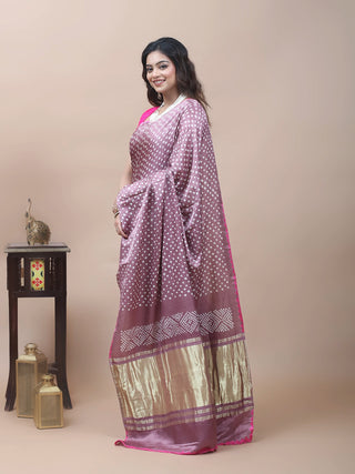 Mrinalini – Taupe (Light Brown) Pure Gajji Silk Saree with Hand Rai Bandhej