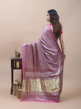 Mrinalini – Taupe (Light Brown) Pure Gajji Silk Saree with Hand Rai Bandhej