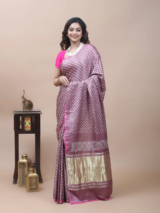 Mrinalini – Taupe (Light Brown) Pure Gajji Silk Saree with Hand Rai Bandhej