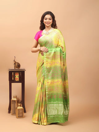 Haritprabha – Lime Green & Sunshine Yellow Pure Gajji Silk Saree with Hand Rai Bandhej