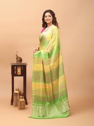 Haritprabha – Lime Green & Sunshine Yellow Pure Gajji Silk Saree with Hand Rai Bandhej