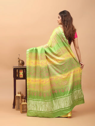 Haritprabha – Lime Green & Sunshine Yellow Pure Gajji Silk Saree with Hand Rai Bandhej