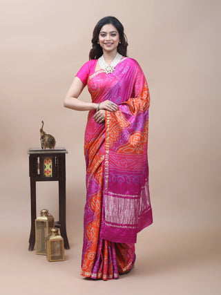 Rangashree – Fuchsia Pink & Vermilion Orange Pure Gajji Silk Saree with Hand Rai Bandhej