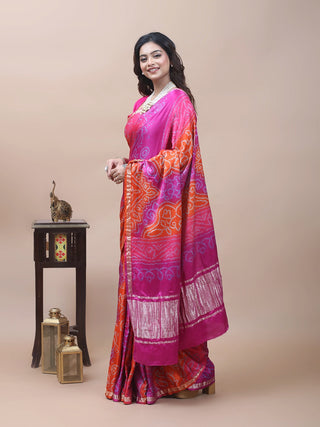 Rangashree – Fuchsia Pink & Vermilion Orange Pure Gajji Silk Saree with Hand Rai Bandhej