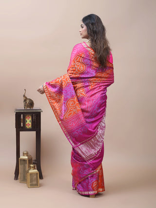 Rangashree – Fuchsia Pink & Vermilion Orange Pure Gajji Silk Saree with Hand Rai Bandhej