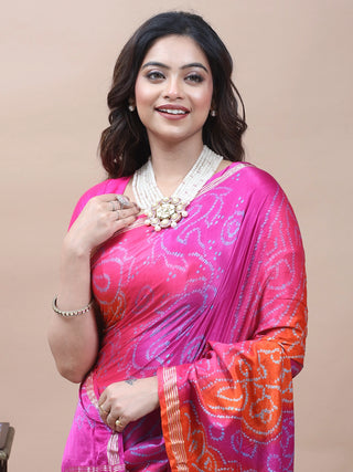 Rangashree – Fuchsia Pink & Vermilion Orange Pure Gajji Silk Saree with Hand Rai Bandhej