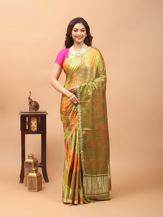 Pallavi – Olive Green and Orange Pure Gajji Silk Saree with Hand Rai Bandhej