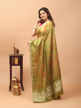 Pallavi – Olive Green and Orange Pure Gajji Silk Saree with Hand Rai Bandhej