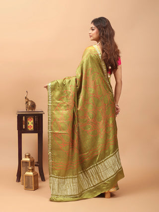 Pallavi – Olive Green and Orange Pure Gajji Silk Saree with Hand Rai Bandhej
