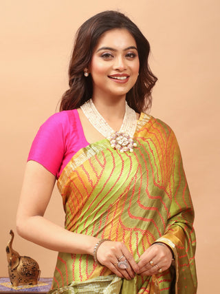 Pallavi – Olive Green and Orange Pure Gajji Silk Saree with Hand Rai Bandhej
