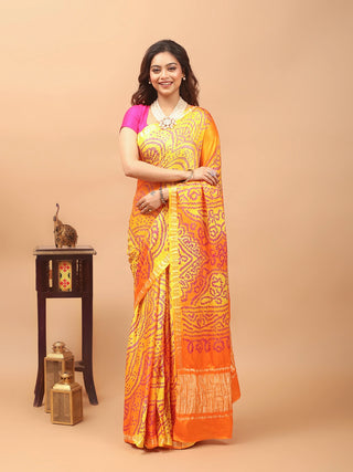 Suryodaya – Sunshine Yellow and Radiant Orange Pure Gajji Silk Saree with Hand Rai Bandhej