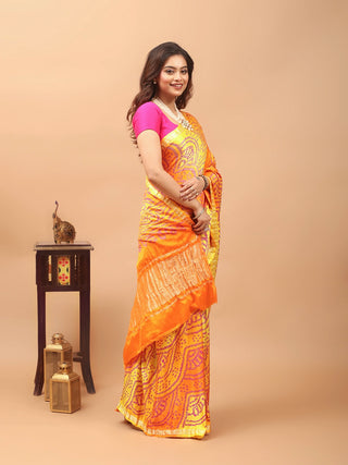 Suryodaya – Sunshine Yellow and Radiant Orange Pure Gajji Silk Saree with Hand Rai Bandhej