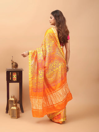 Suryodaya – Sunshine Yellow and Radiant Orange Pure Gajji Silk Saree with Hand Rai Bandhej