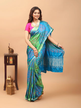 Neelambari – Azure Blue and Fresh Leaf Green Pure Gajji Silk Saree with Hand Rai Bandhej