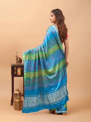 Neelambari – Azure Blue and Fresh Leaf Green Pure Gajji Silk Saree with Hand Rai Bandhej