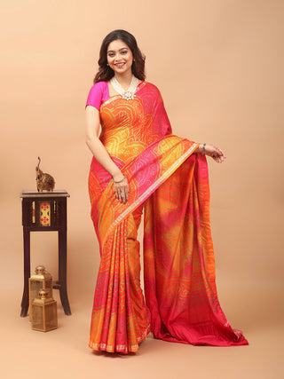 Raktima – Radiant Orange and Deep Rani Pink Pure Gajji Silk Saree with Hand Rai Bandhej