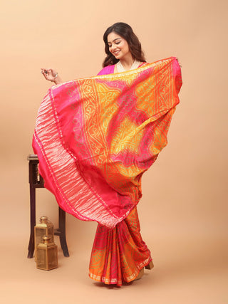 Raktima – Radiant Orange and Deep Rani Pink Pure Gajji Silk Saree with Hand Rai Bandhej