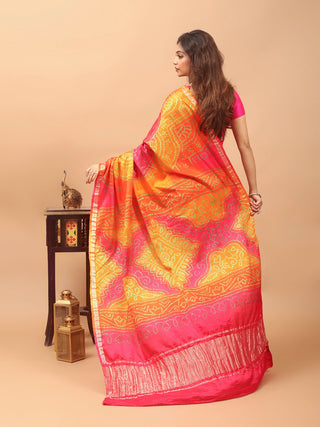 Raktima – Radiant Orange and Deep Rani Pink Pure Gajji Silk Saree with Hand Rai Bandhej