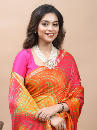Raktima – Radiant Orange and Deep Rani Pink Pure Gajji Silk Saree with Hand Rai Bandhej