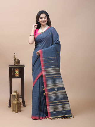 Denim Blue Bhujodi Kala Cotton Saree with Rose Border
