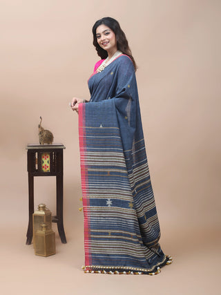 Denim Blue Bhujodi Kala Cotton Saree with Rose Border