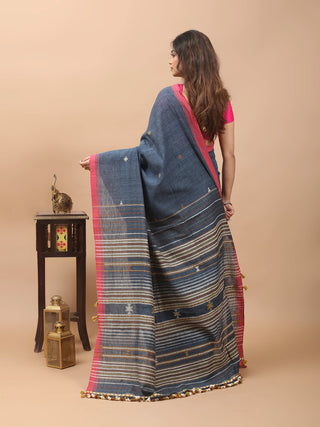 Denim Blue Bhujodi Kala Cotton Saree with Rose Border