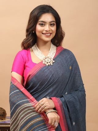 Denim Blue Bhujodi Kala Cotton Saree with Rose Border
