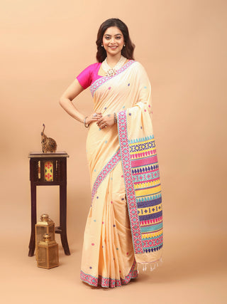 Cream Handwoven Assam Cotton Saree with Multicolour Traditional Assamese Pallu & Matching Woven Blouse Piece