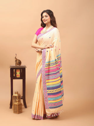 Cream Handwoven Assam Cotton Saree with Multicolour Traditional Assamese Pallu & Matching Woven Blouse Piece