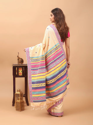 Cream Handwoven Assam Cotton Saree with Multicolour Traditional Assamese Pallu & Matching Woven Blouse Piece