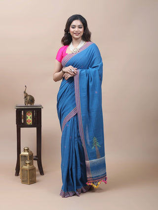 Azure Blue Bhujodi Kala Cotton Saree with Conifer Motifs