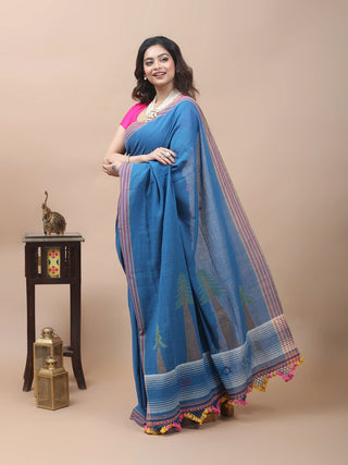 Azure Blue Bhujodi Kala Cotton Saree with Conifer Motifs
