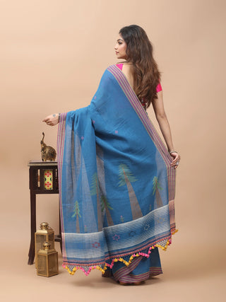 Azure Blue Bhujodi Kala Cotton Saree with Conifer Motifs