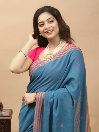 Azure Blue Bhujodi Kala Cotton Saree with Conifer Motifs