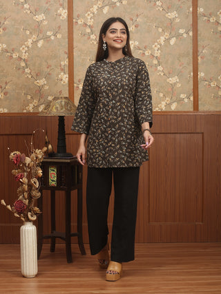 MRIGAYA EARTH – Deep Brown Ajrakh Cambric Cotton Top