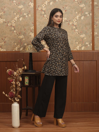 MRIGAYA EARTH – Deep Brown Ajrakh Cambric Cotton Top