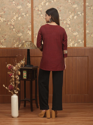 ANDHRA VARNIKA – Madder Maroon Handloom Cotton Top with Embroidered Borders