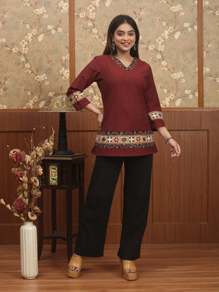 ANDHRA VARNIKA – Madder Maroon Handloom Cotton Top with Embroidered Borders