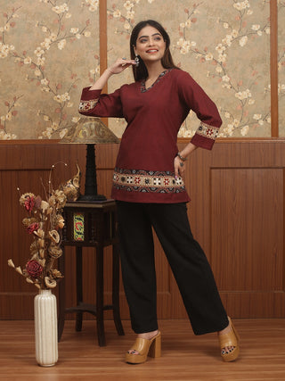 ANDHRA VARNIKA – Madder Maroon Handloom Cotton Top with Embroidered Borders
