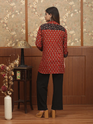 RANJITA MADDER – Madder Red Ajrakh Cambric Cotton Shirt-Collar Top