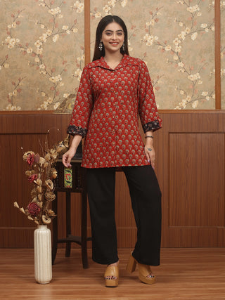RANJITA MADDER – Madder Red Ajrakh Cambric Cotton Shirt-Collar Top