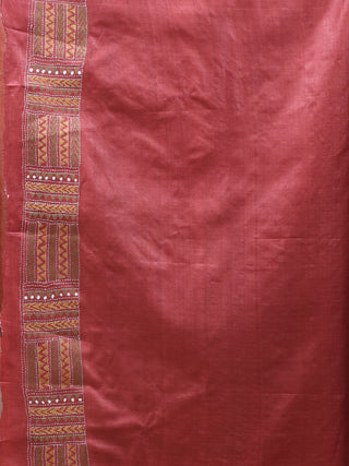 Burnt Rust Pure Tussar Silk Saree with Geometric Hand Kantha Embroidery