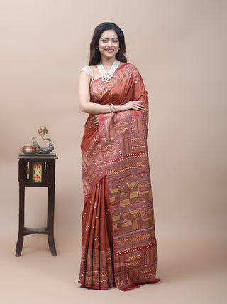 Burnt Rust Pure Tussar Silk Saree with Geometric Hand Kantha Embroidery