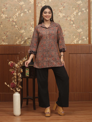 DHARTI CHAKRA – Mocha Brown Ajrakh Cambric Cotton Shirt-Collar Top