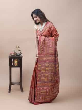 Burnt Rust Pure Tussar Silk Saree with Geometric Hand Kantha Embroidery