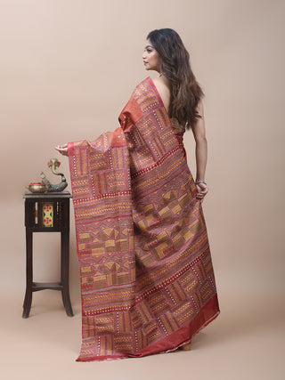 Burnt Rust Pure Tussar Silk Saree with Geometric Hand Kantha Embroidery
