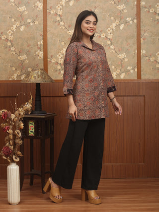 DHARTI CHAKRA – Mocha Brown Ajrakh Cambric Cotton Shirt-Collar Top