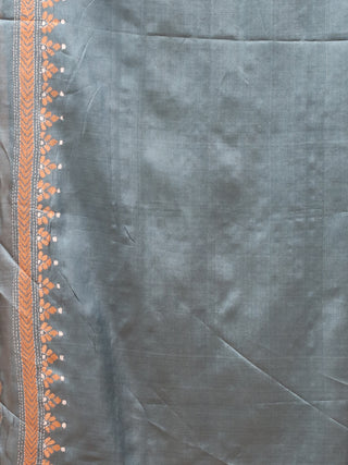 Steel Blue Pure Tussar Silk Saree with Intricate Hand Kantha Embroidery