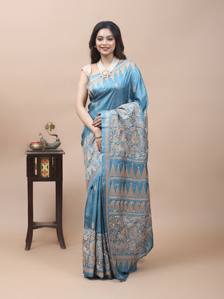 Steel Blue Pure Tussar Silk Saree with Intricate Hand Kantha Embroidery